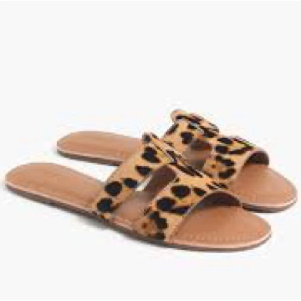 J. Crew Factory Beachside Slides Tan Leopard Calf Hair Sandals Size 8 - Picture 1 of 11